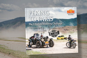 Bookcover of the 7th Paris To Paris Rally in 2019. A 1931 Bentley Speed 8 that is waiting for support and a Mitsubishi Lancer driving through the Mountains of Mongolia. 